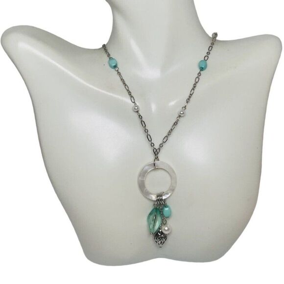 Lia Sophia Mother Of Pearl Mint Green Beaded Minimalist Silver Tone Necklace 30” - Picture 2 of 14